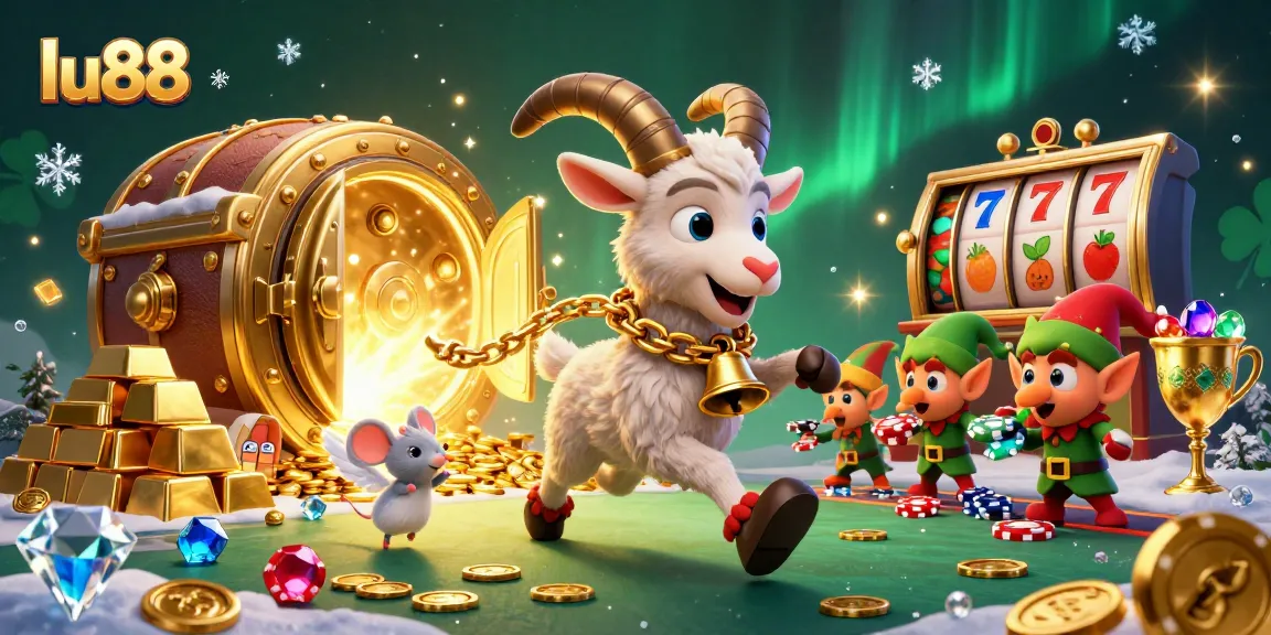 lu88's festive casino scene with Krampus, angel mouse, and elf gremlins stealing chips.