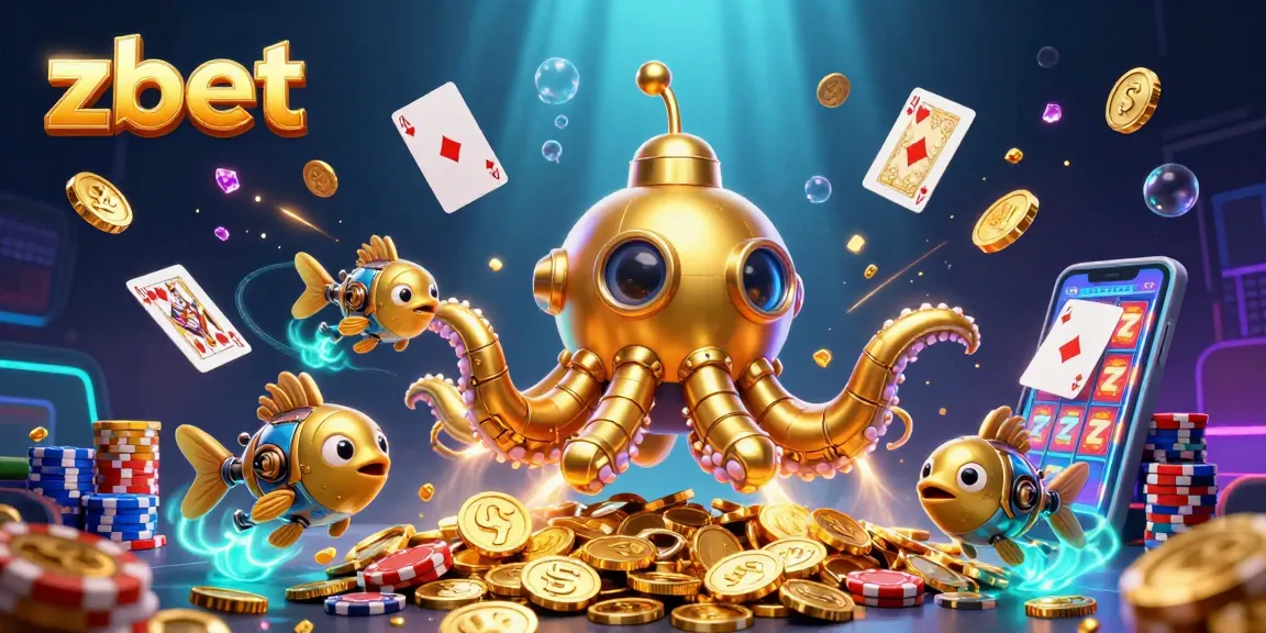 Experience zbet's vibrant casino scene with kraken, gold coins, and poker elements