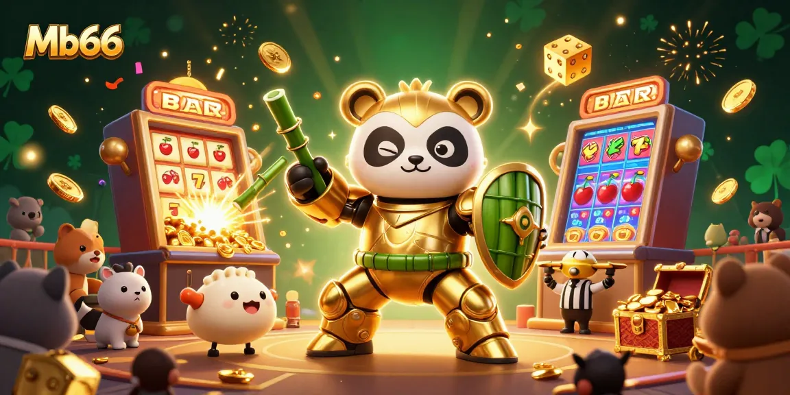 Mb66 showcases thrilling gameplay with golden panda mech and dynamic casino elements in an engaging illustration.
