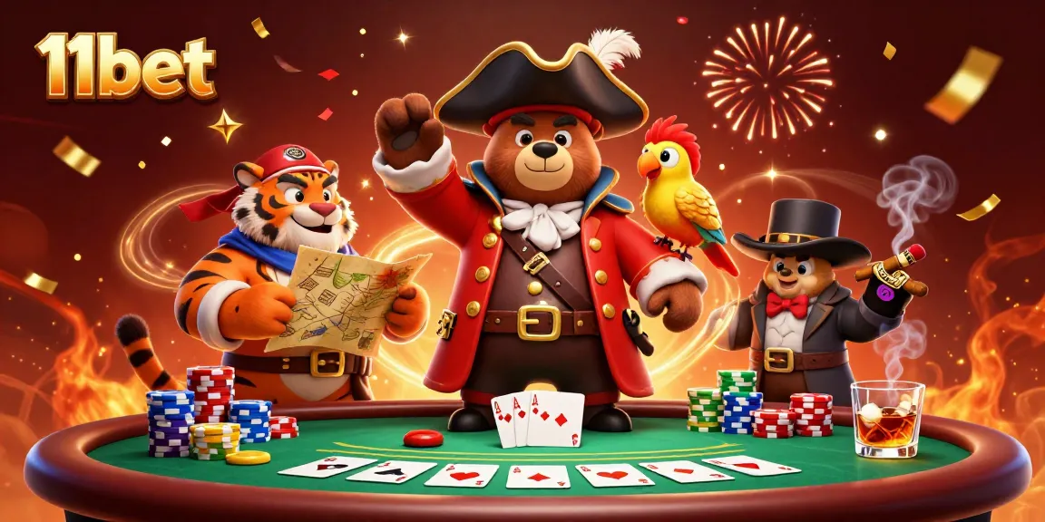 Join the adventure at 11bet with a 3D pirate-themed poker scene featuring dynamic characters and vibrant casino elements.
