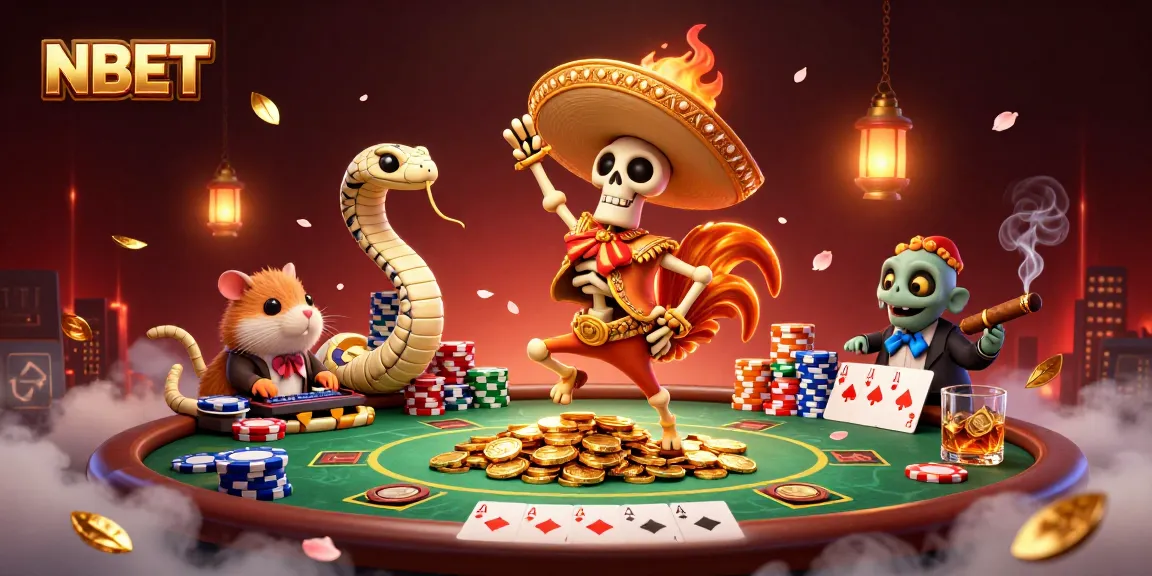 NBET showcases a vibrant scene with a skeleton mariachi rooster surrounded by poker elements.
