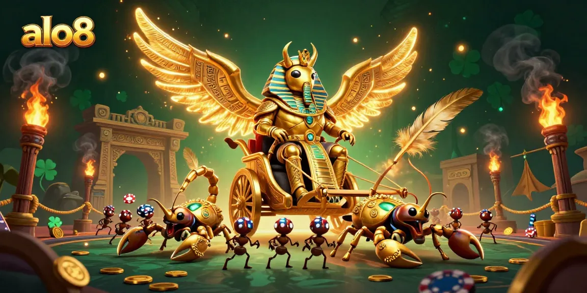 Experience thrilling gambling adventures at alo8 with a colossal golden scarab and jewel-encrusted scorpions amidst rich casino elements.