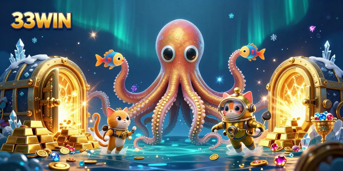Win big at 33WIN with a captivating treasure-filled casino adventure featuring a magical kraken.