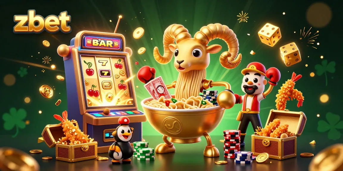 Spin the reels with zbet's vibrant casino scene featuring a golden ramen bowl and cheerful characters.