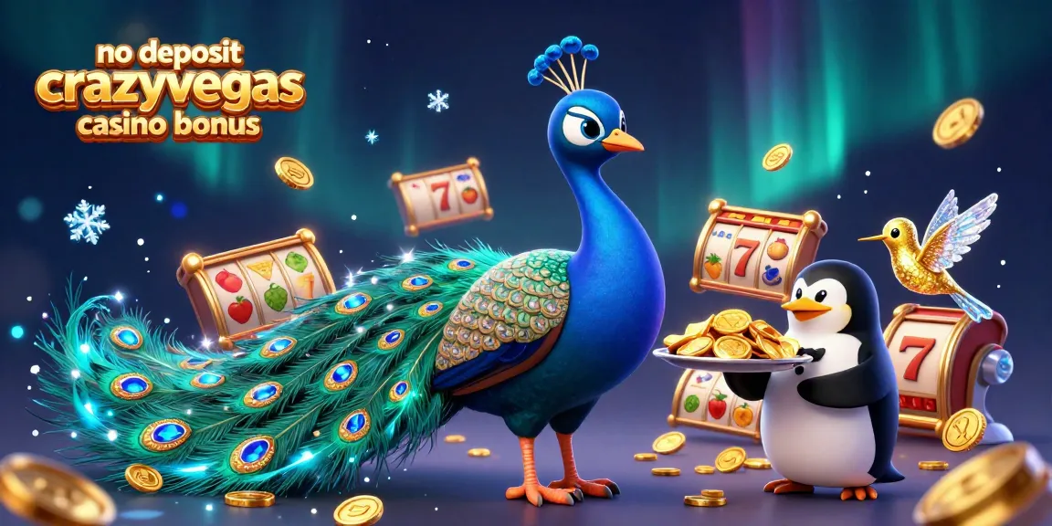 Win with exciting no deposit crazyvegas casino bonus as the peacock displays beautiful gems in a dynamic casino scene.