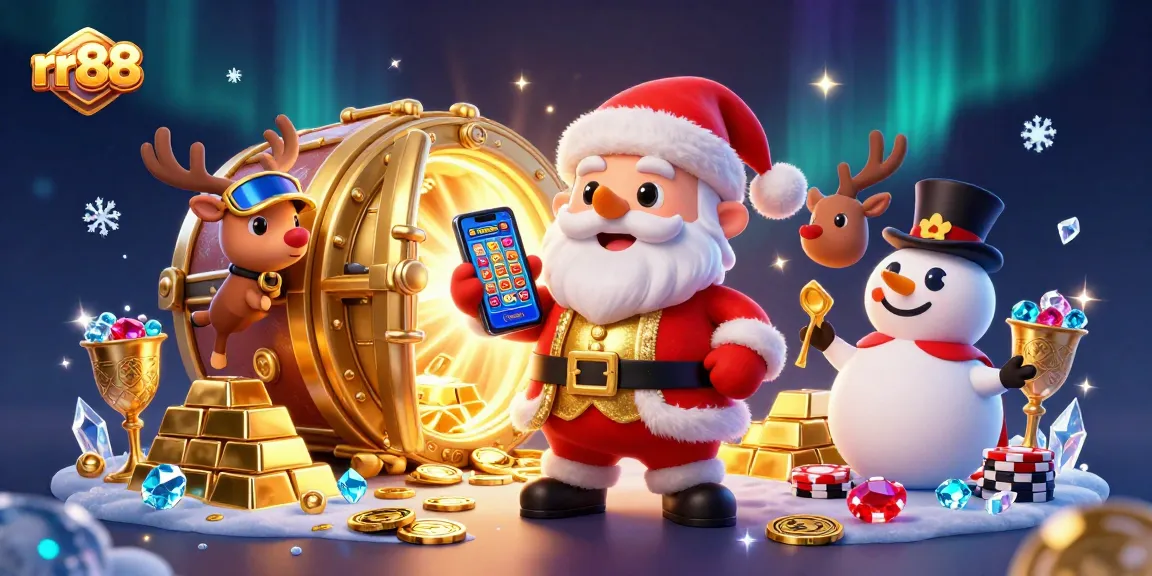 Experience rr88's excitement with Santa and friends celebrating in a dazzling casino atmosphere.