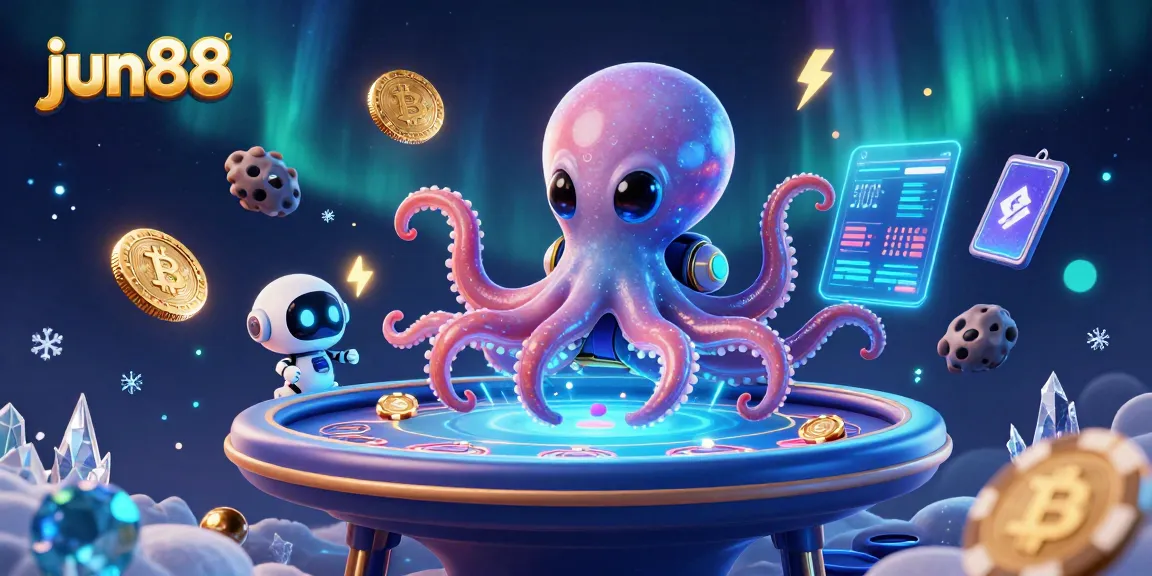 Experience thrilling gameplay with jun88's vibrant 3D illustration of an alien octopus running a poker table.